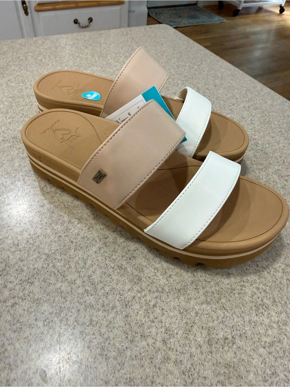 Reef Seaside Platform Slide Sandals in White and Tan